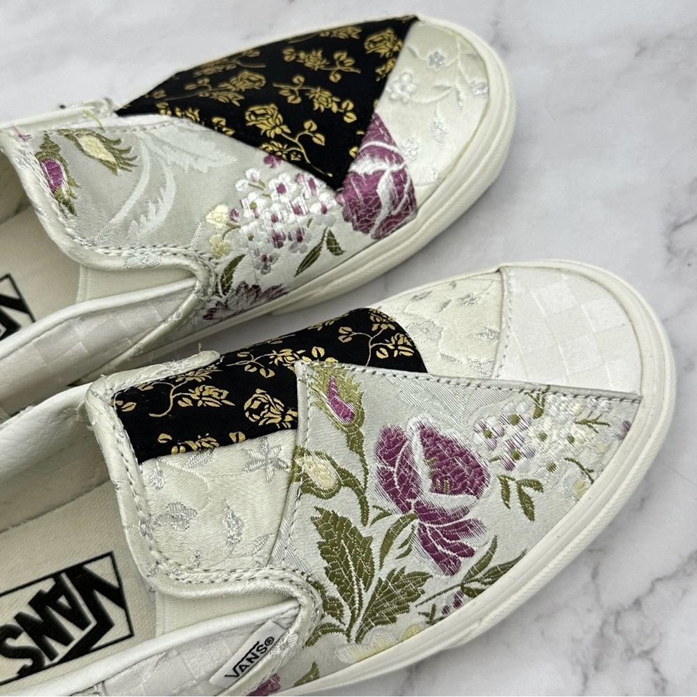 Vans Classic Slip On Shoes Womens Size 6.5 Retro Floral Patchwork White Brocade - Picture 10 of 14